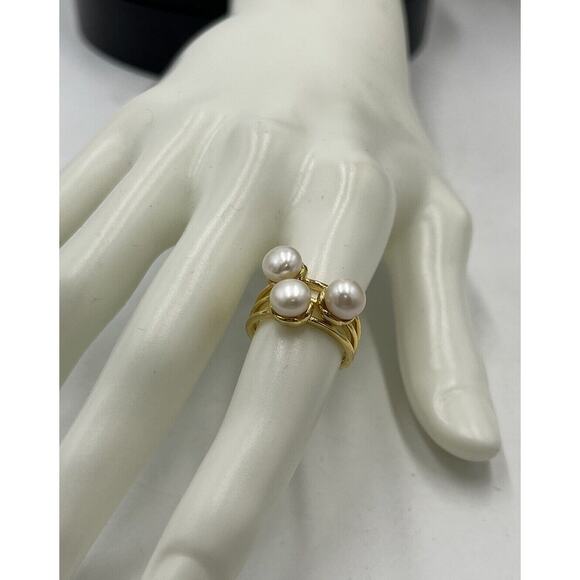 AMBER SCEATS Aerin triple band 3 FW Pearls 925 Gold‎ 24 K plated Ring 6.75 New - Picture 2 of 10